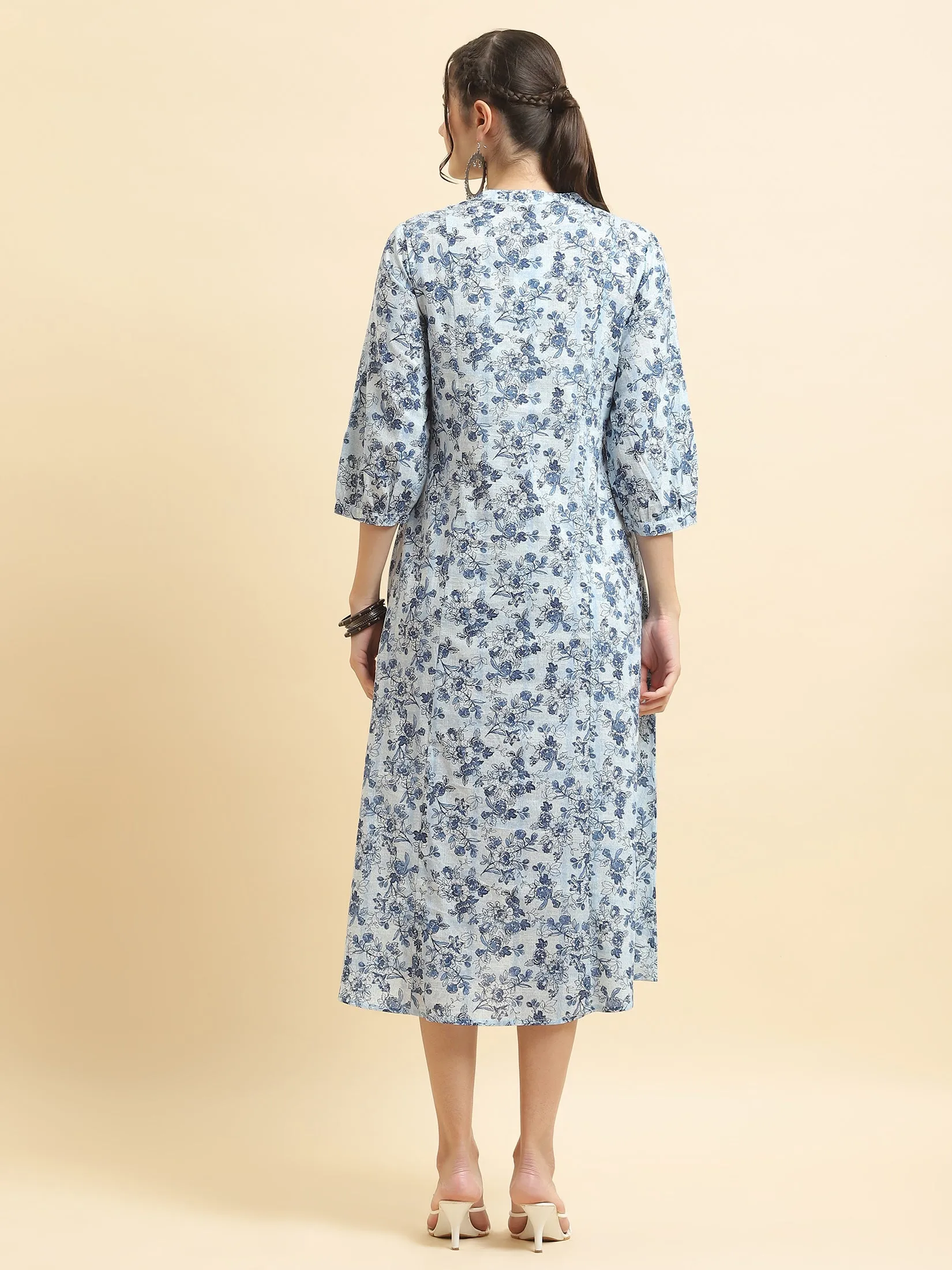Women Cotton Blue Floral Print Dress LayeredPanels