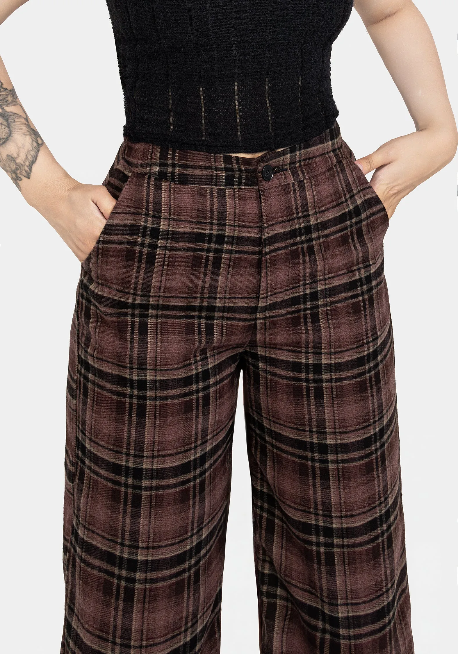 Hickory Check Straight Leg Trousers Chilly Wear Friction Resistant Fabric