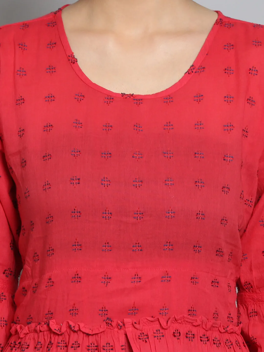 Women Pink & Navy Blue Printed Dress Layered Hem Details