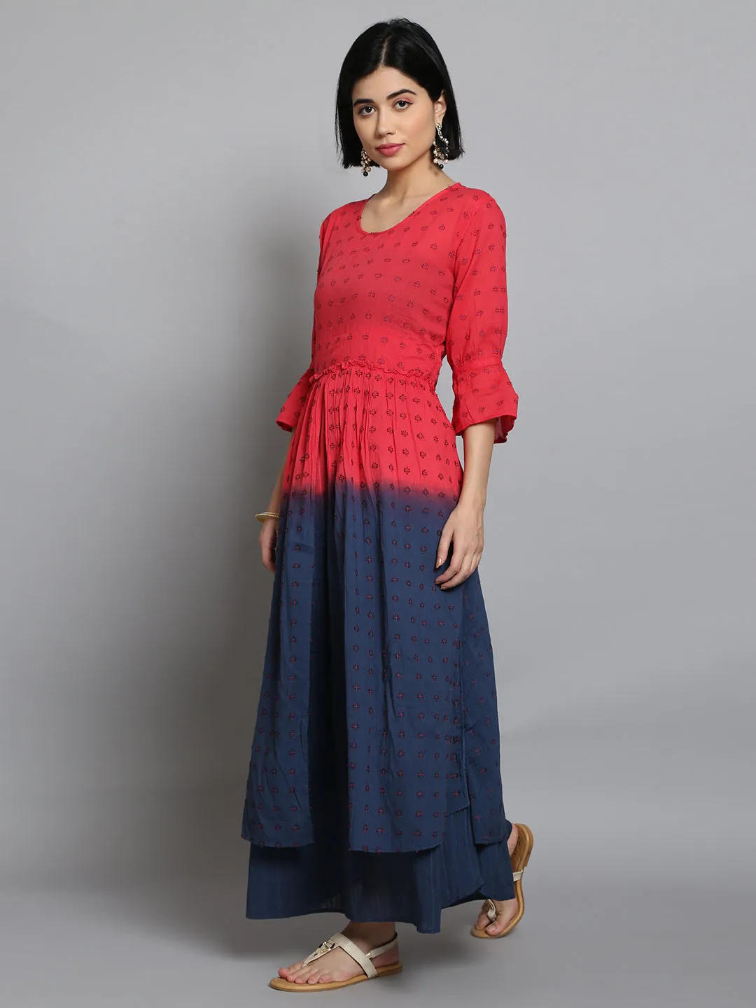 Women Pink & Navy Blue Printed Dress Flexible Material