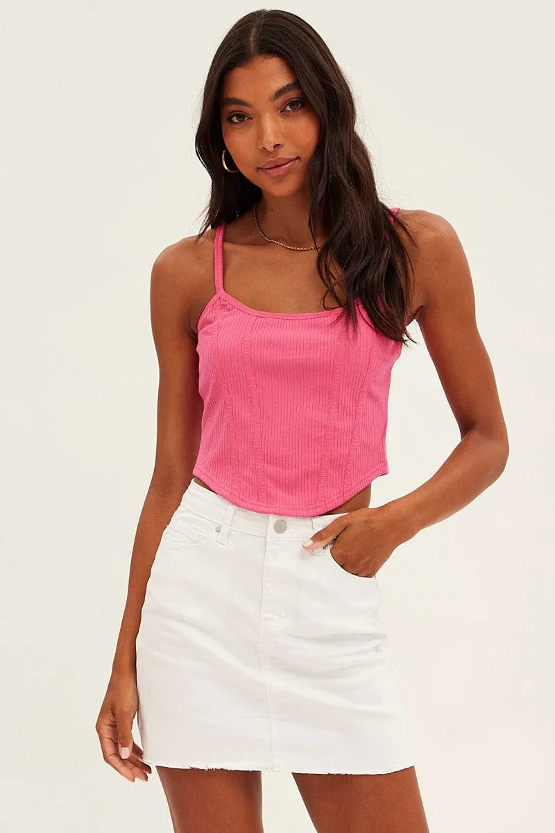 Pink Corset Singlet Sleeveless Scoop Neck Rib Jersey CompressionEnhanced Fit