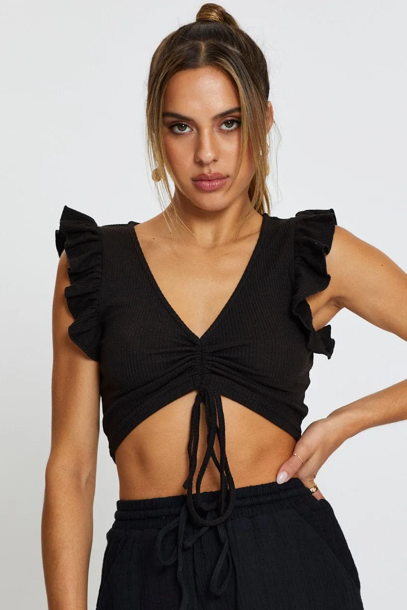 Black Top Flutter Sleeve Ruche Glitter Fit Cold Weather