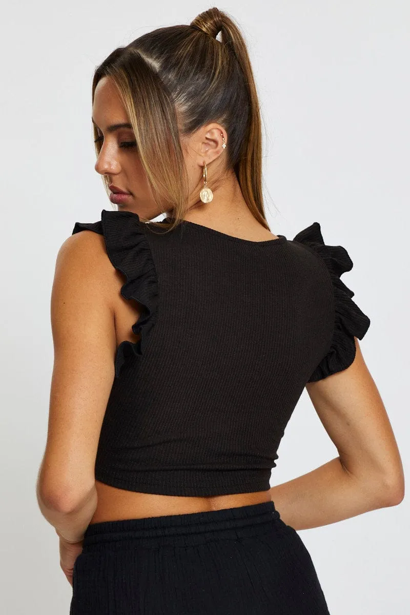 Spanish Glow Black Top Flutter Sleeve Ruche