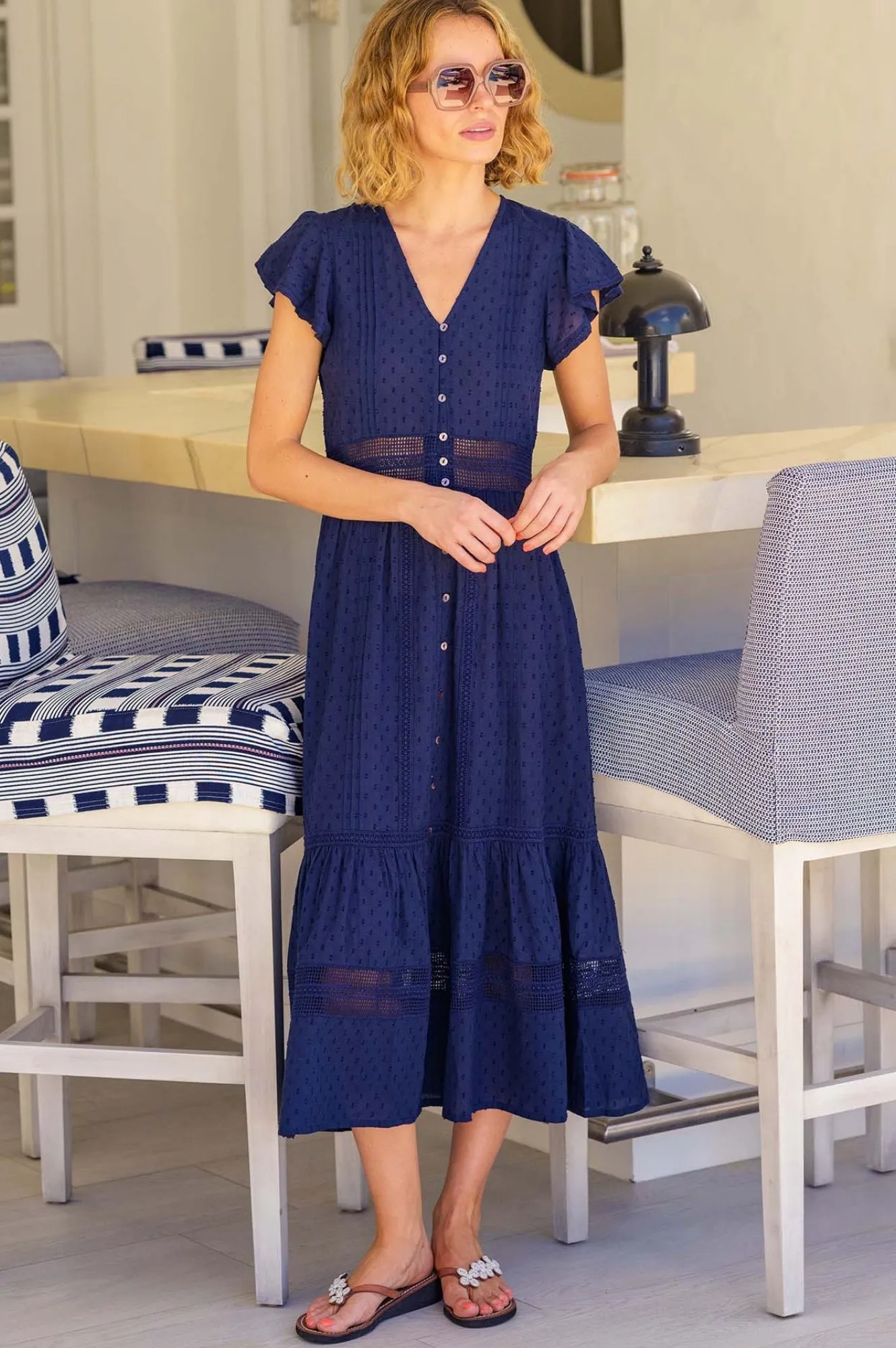 Nyla Beach Midi Dress | Navy Amber Light Shadow Play
