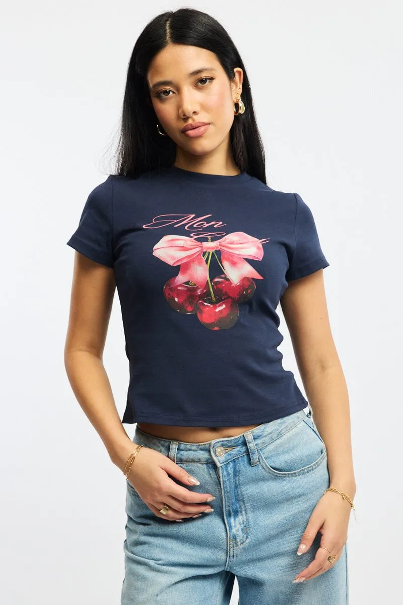 Blue Graphic Tee Short Sleeve Simple Layer Smart Design