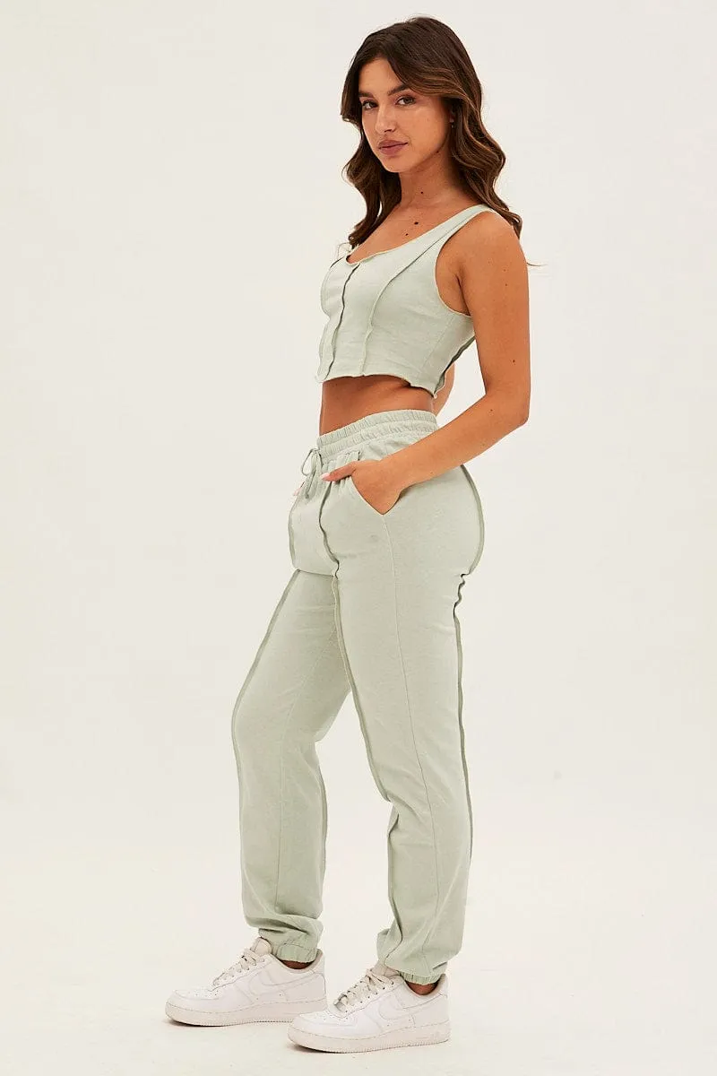Recycled Polyester Modular Attachment System Green Crop Singlet Loungewear Set