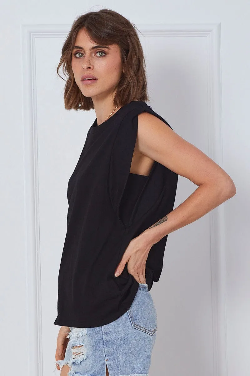 Black T-Shirt Sleeveless Crew Neck Thick Fiber