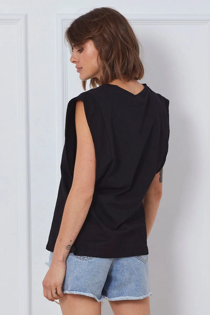 Relaxing Design Black T-Shirt Sleeveless Crew Neck