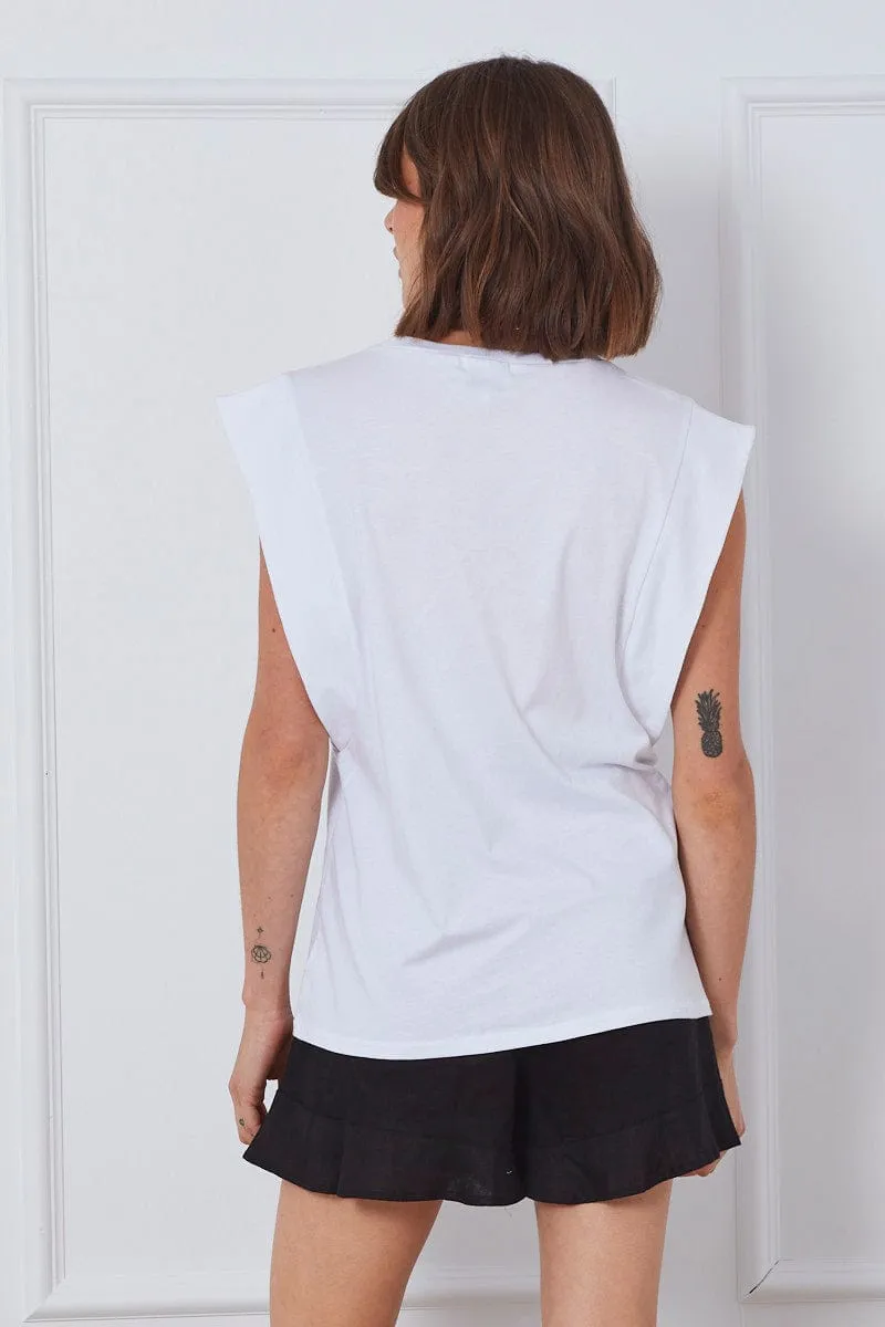 White T-Shirt Sleeveless Crew Neck Flexible Joints Layered Hem Details