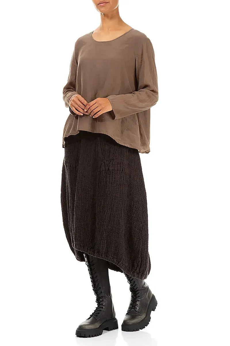 Stretchy Chic Attire Longer Back Forest Brown Textured Linen Skirt