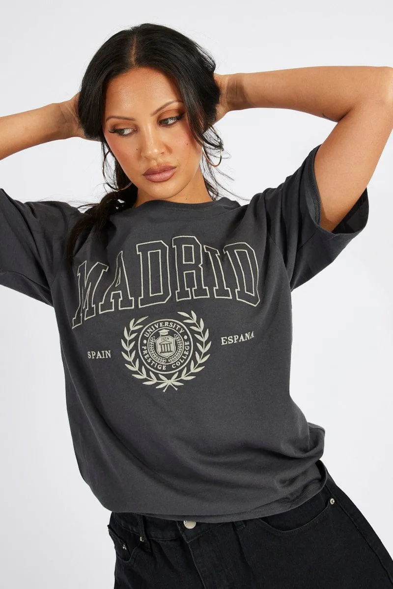Grey Graphic Tee Short Sleeve Quick Release Hem