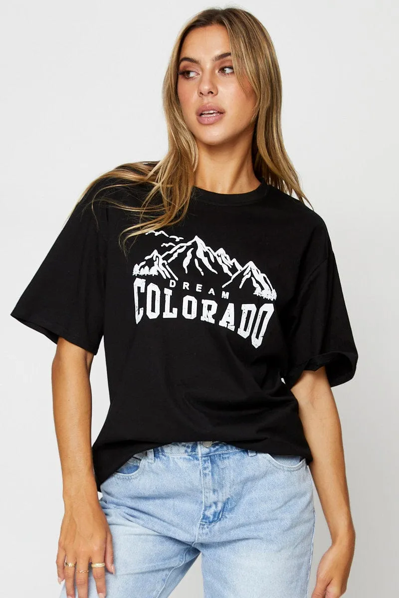 Minimal Look Neutral Color Black Graphic T Shirt Short Sleeve