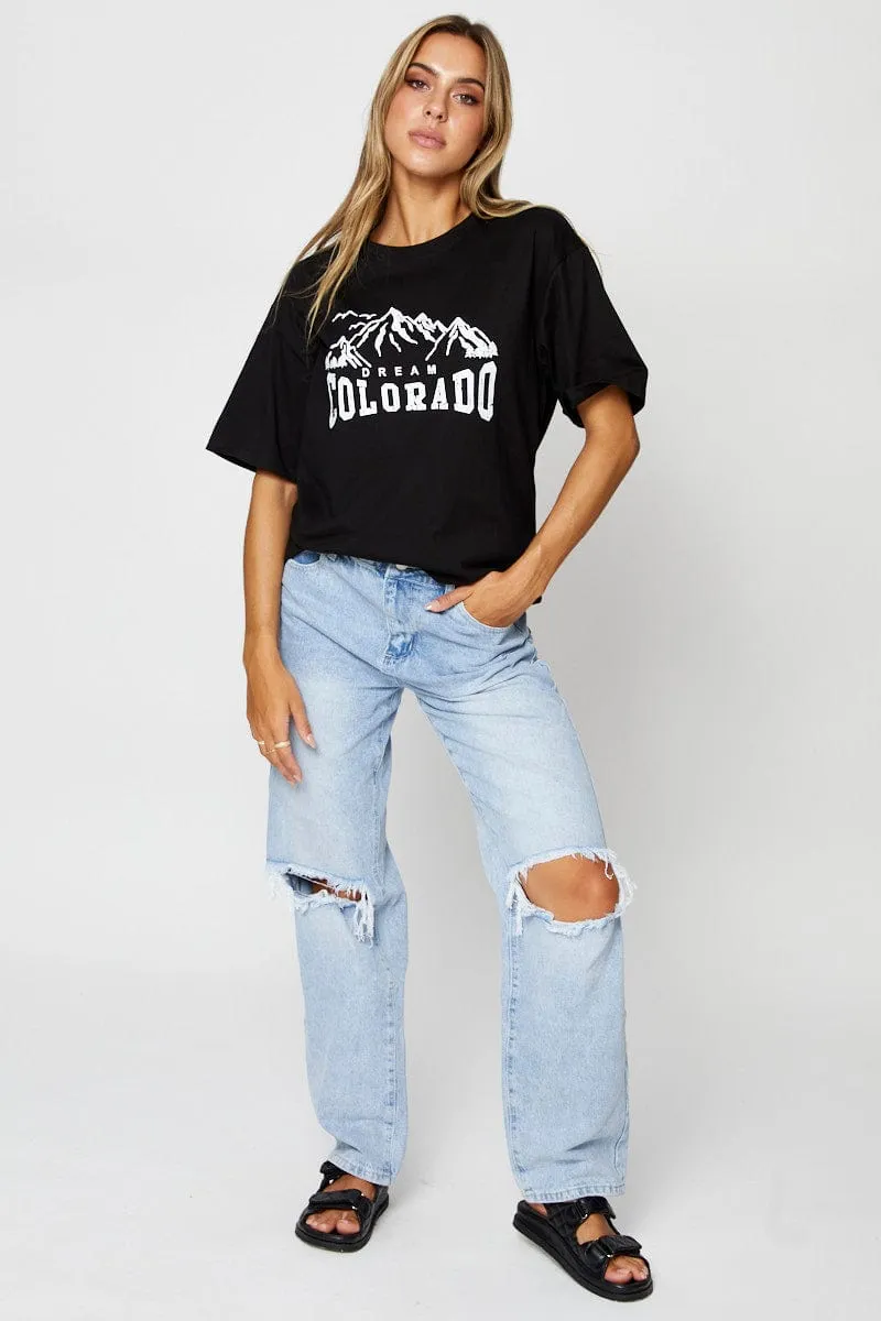 Relaxed Armhole Cut polo neck Black Graphic T Shirt Short Sleeve