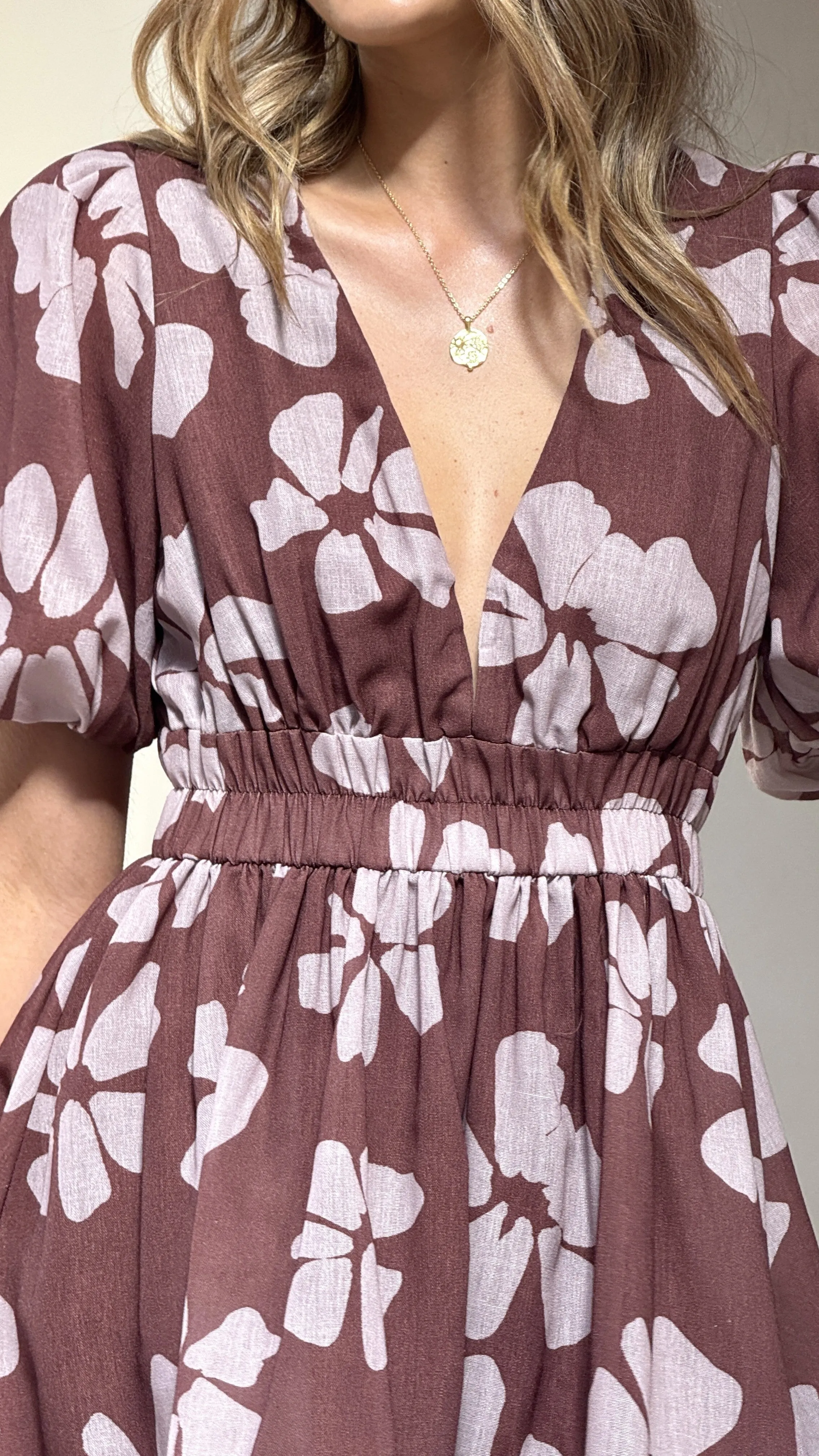 Erin Mini Dress - Brown Daylillies Trend Pop Urban Soft