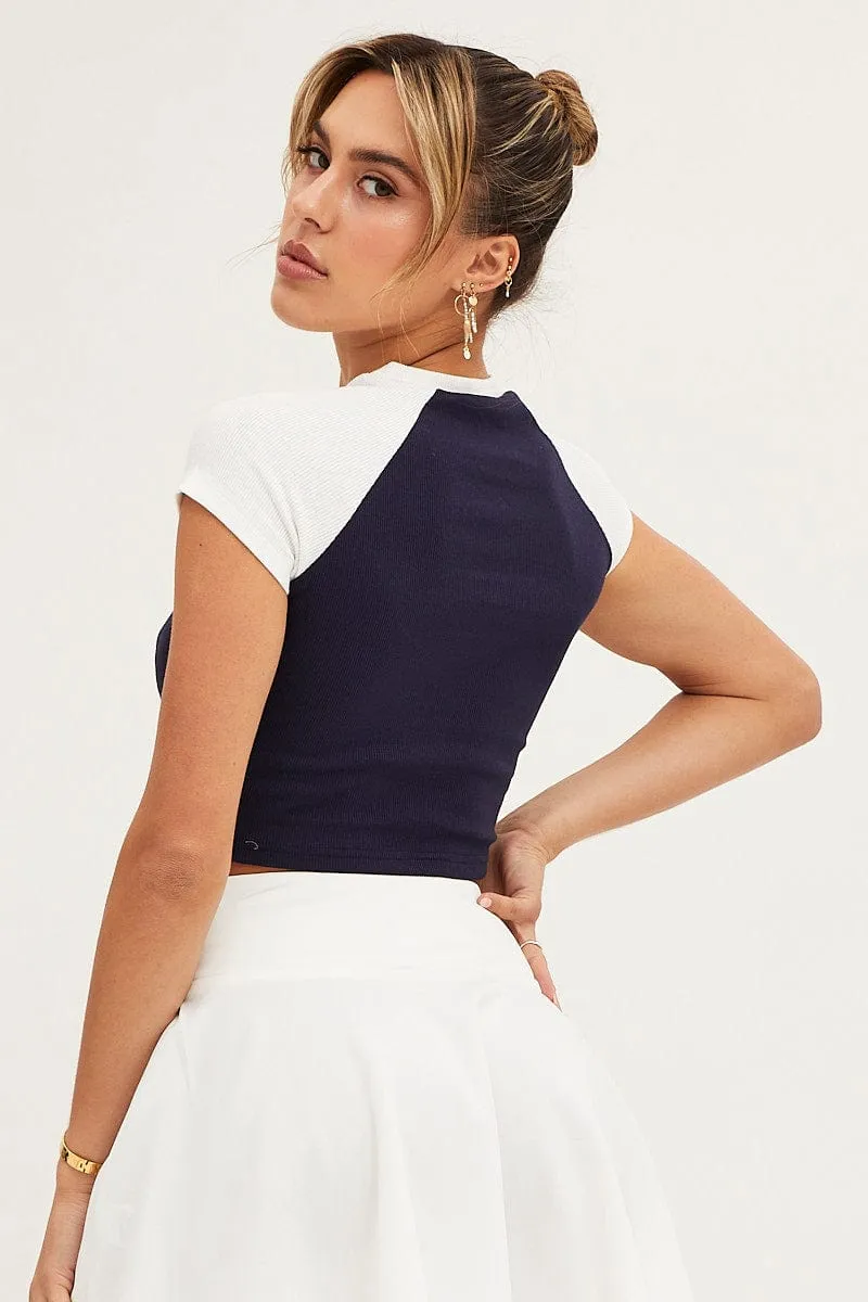 Chic And Comfortable Blue Short Sleeve Embroidered Raglan Tee