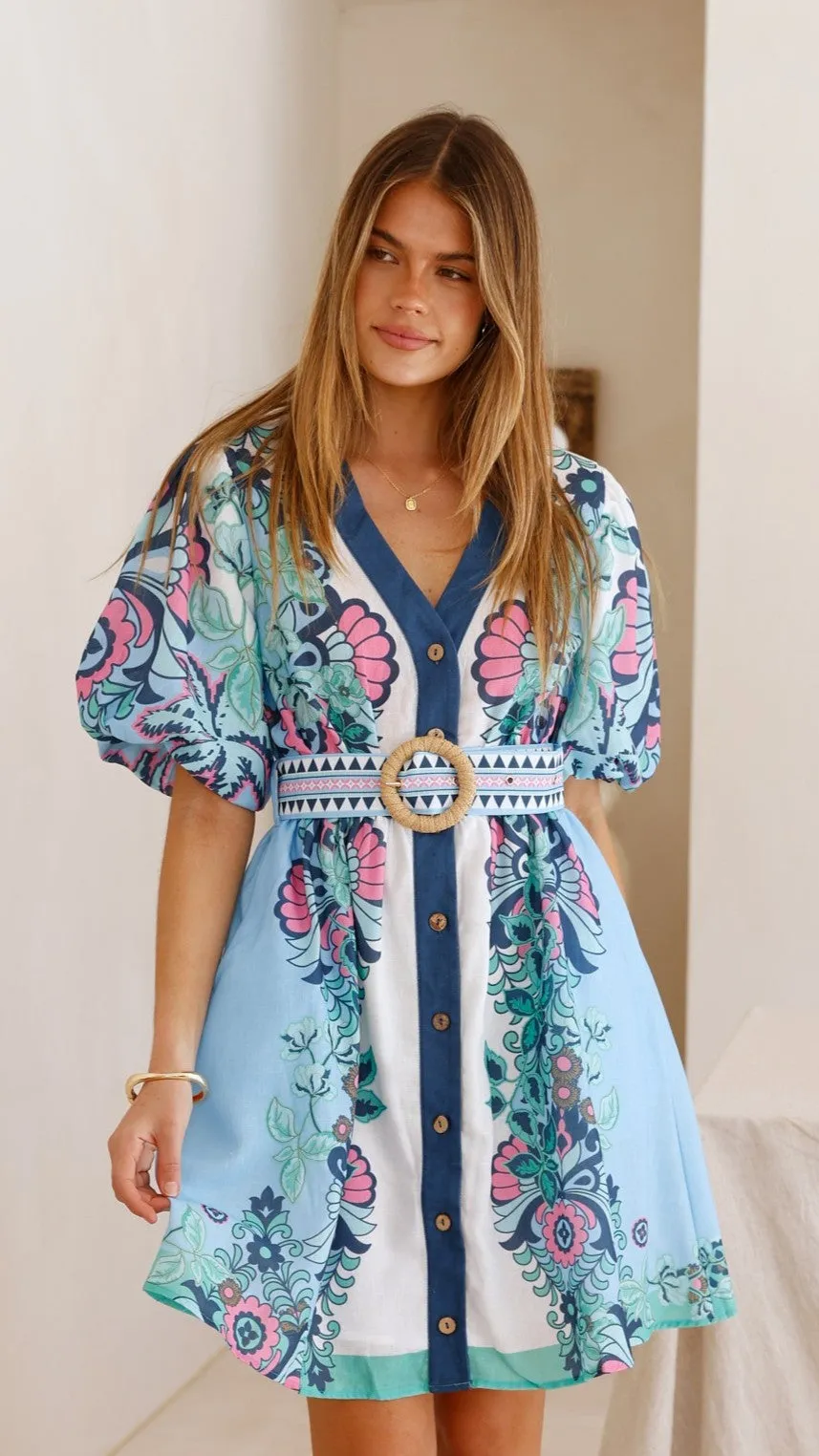 Dali Mini Dress - Island Bloom Blue Rush Style Casual Design