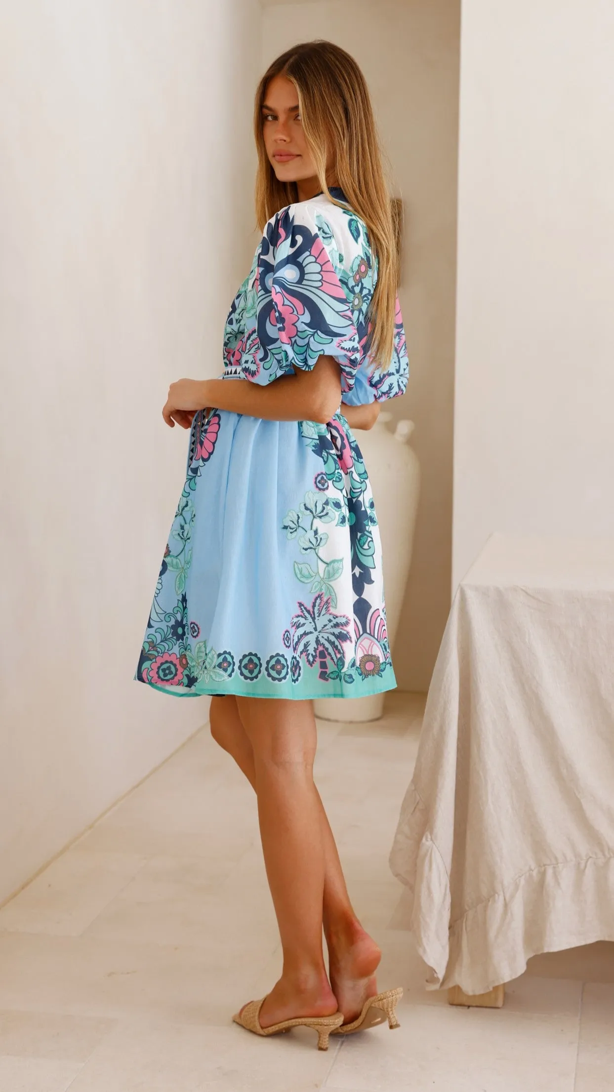 Dali Mini Dress - Island Bloom Blue Vibrant Silhouette Fashion Rebel