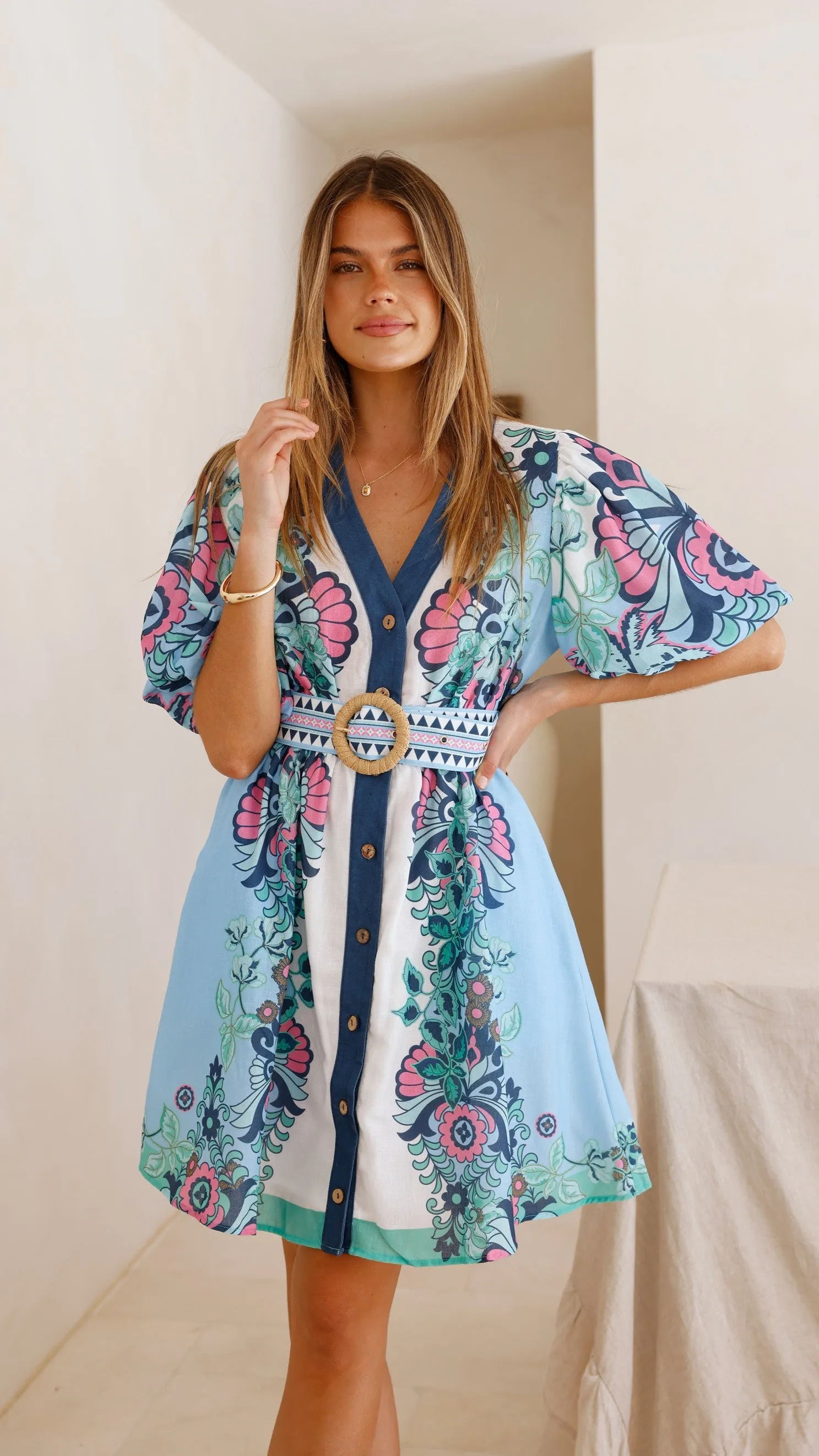 Dali Mini Dress - Island Bloom Blue Light Soft