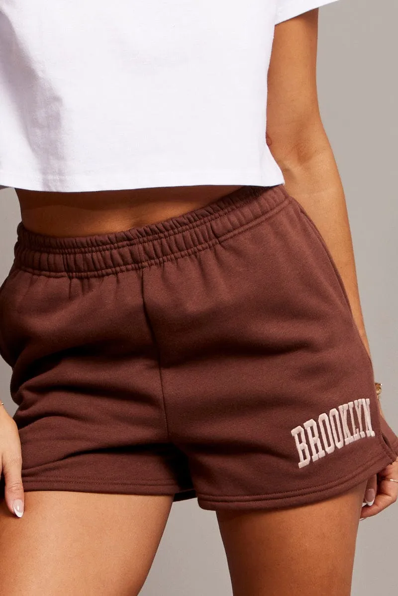 Roll Resistant Waist printed shorts Brown Track Shorts High Rise Elastic Waist