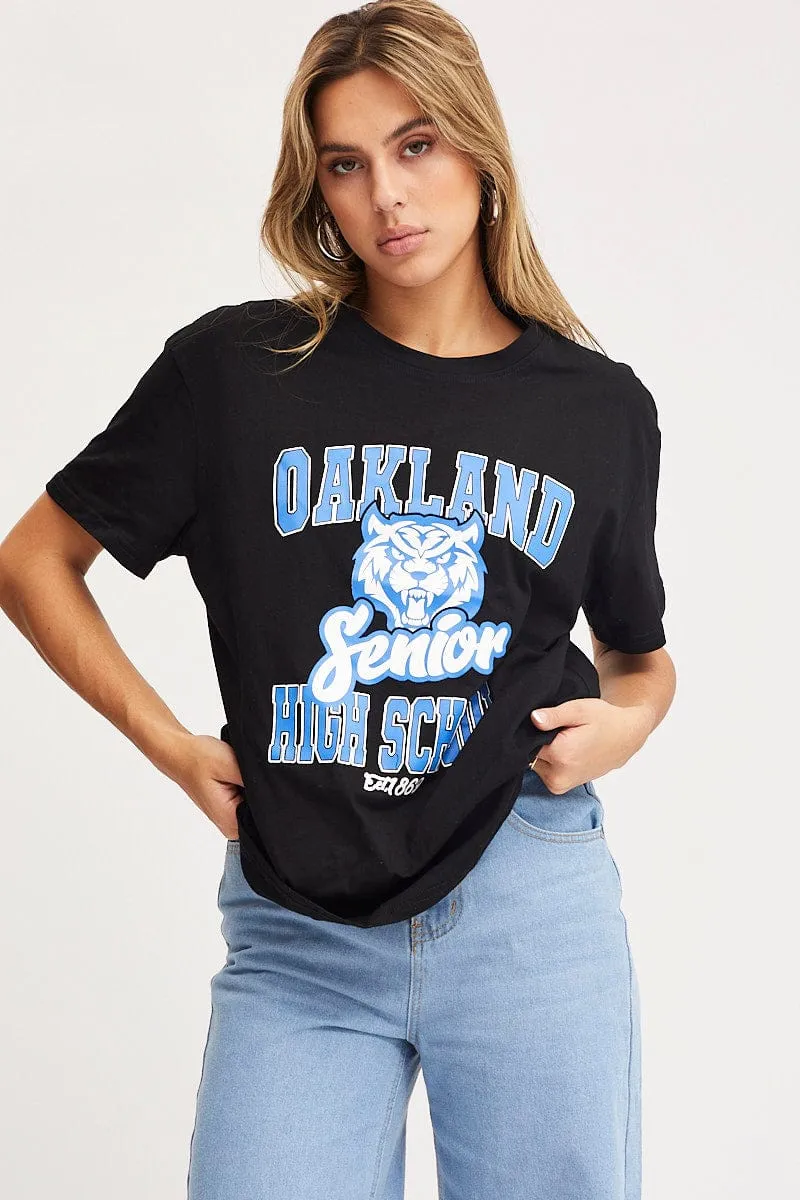 Comfortable All Day Wear Black Graphic T-Shirt Short Sleeve
