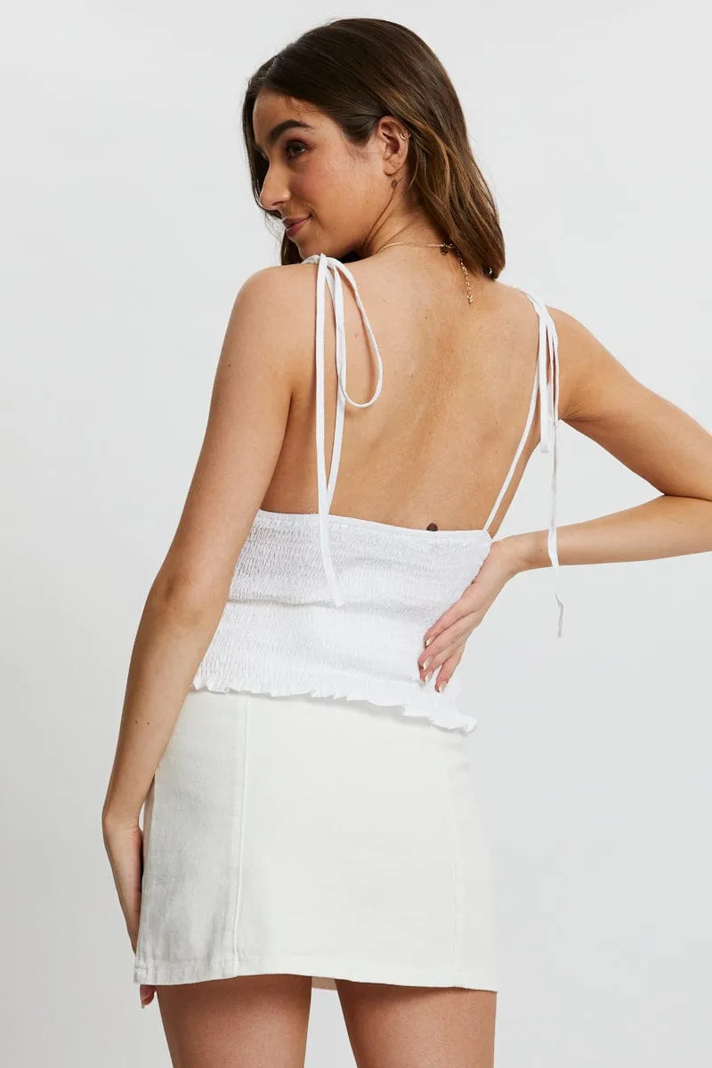 White Tie Strap Scoop Neck Gathered Singlet HypoallergenicTextile