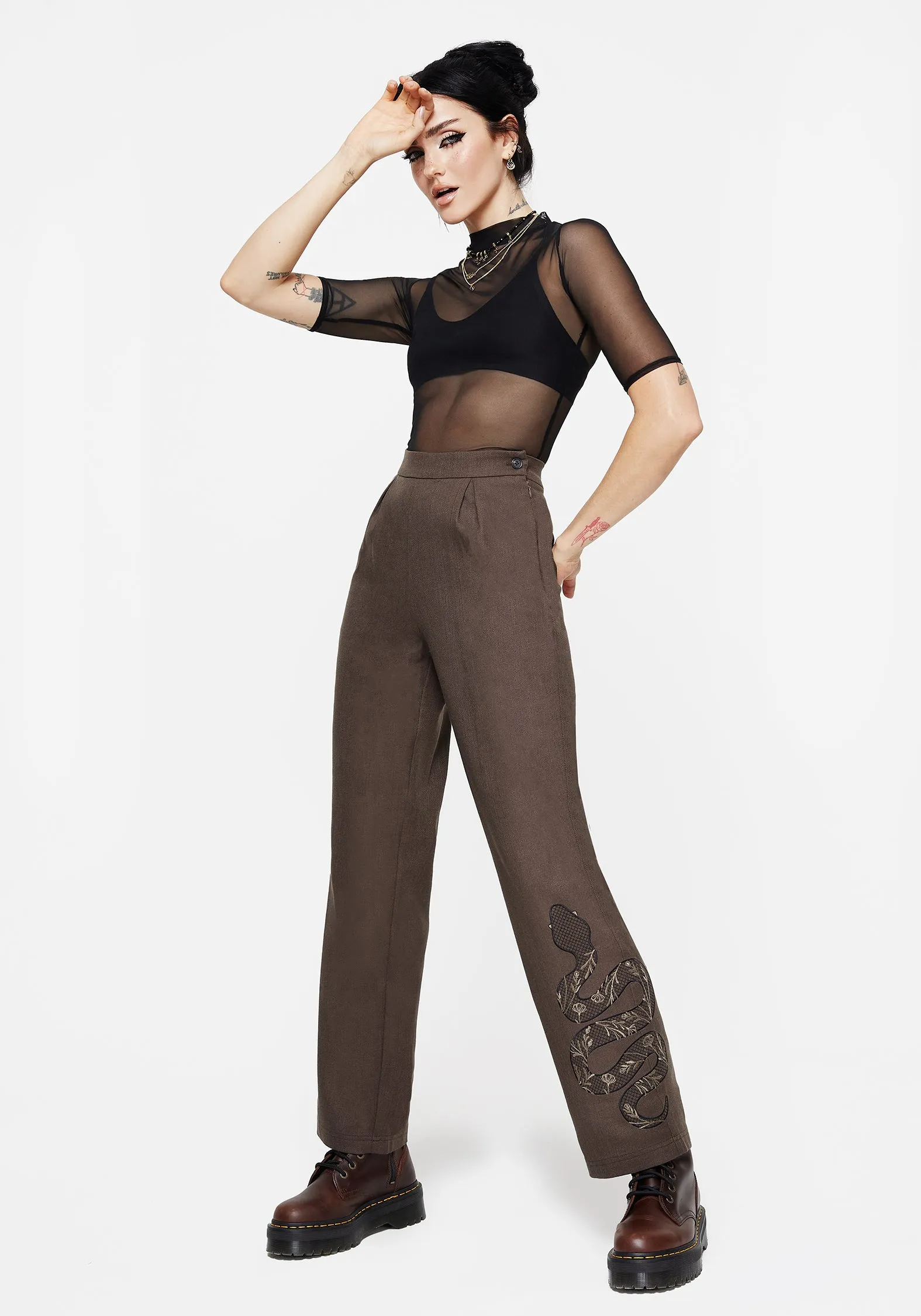 Gaia Linen Blend Snake Embroidered Wide Leg Trouser Seasonless wear