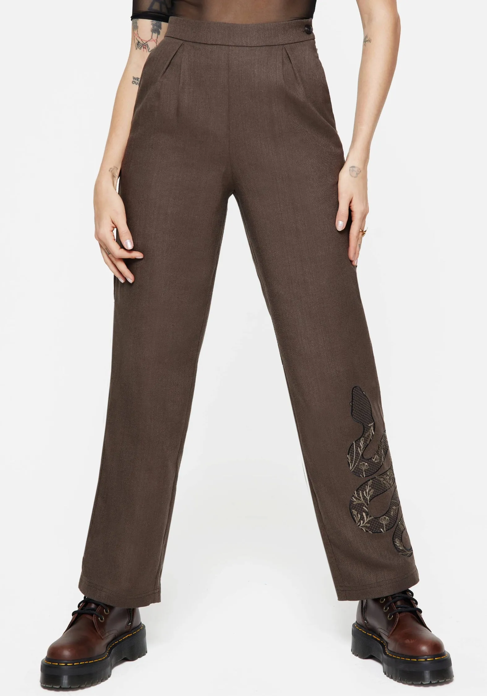 Roll-up style Gaia Linen Blend Snake Embroidered Wide Leg Trouser