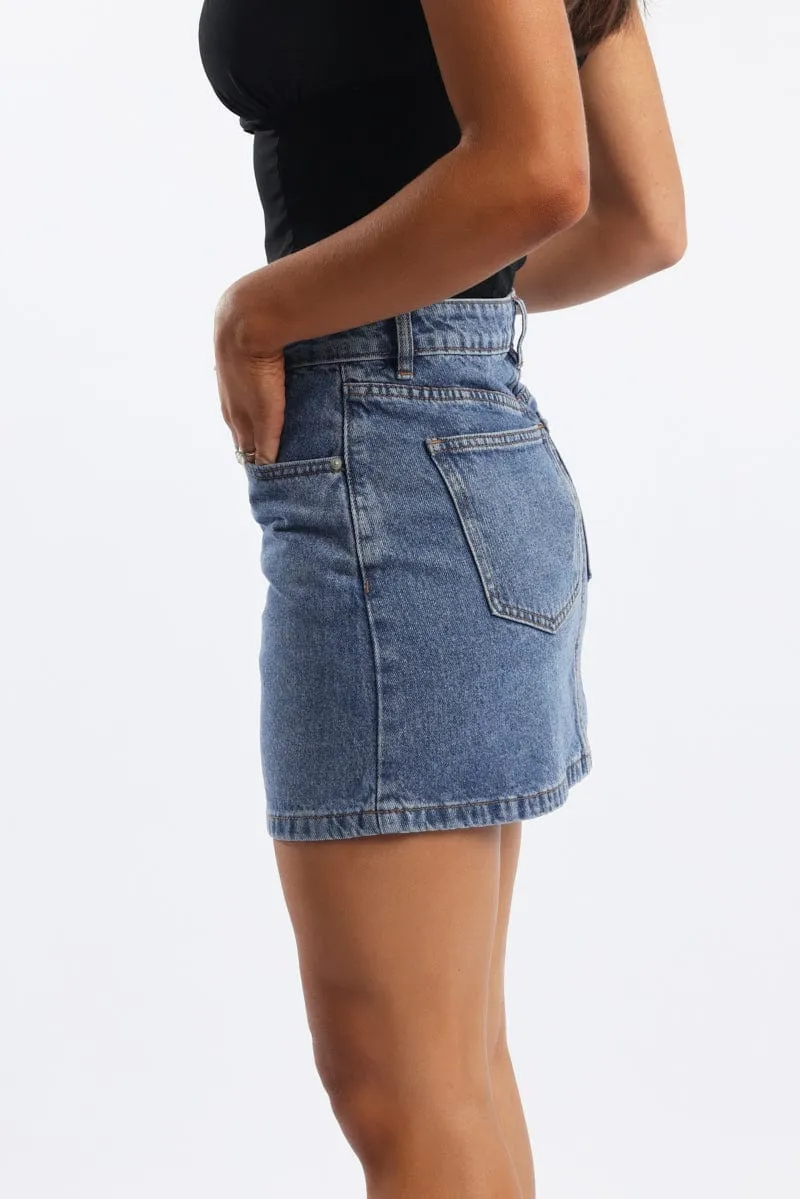 Denim Mini Skirt Mid Rise Relaxed Fit Layered Design
