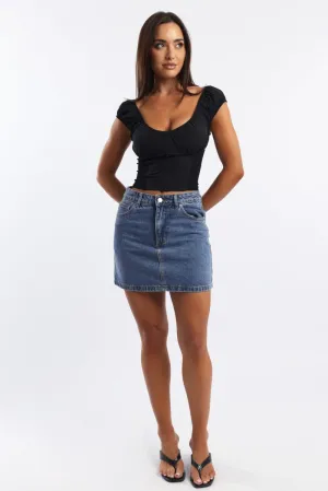 Denim Mini Skirt Mid Rise Relaxed Fit Flexible Comfort