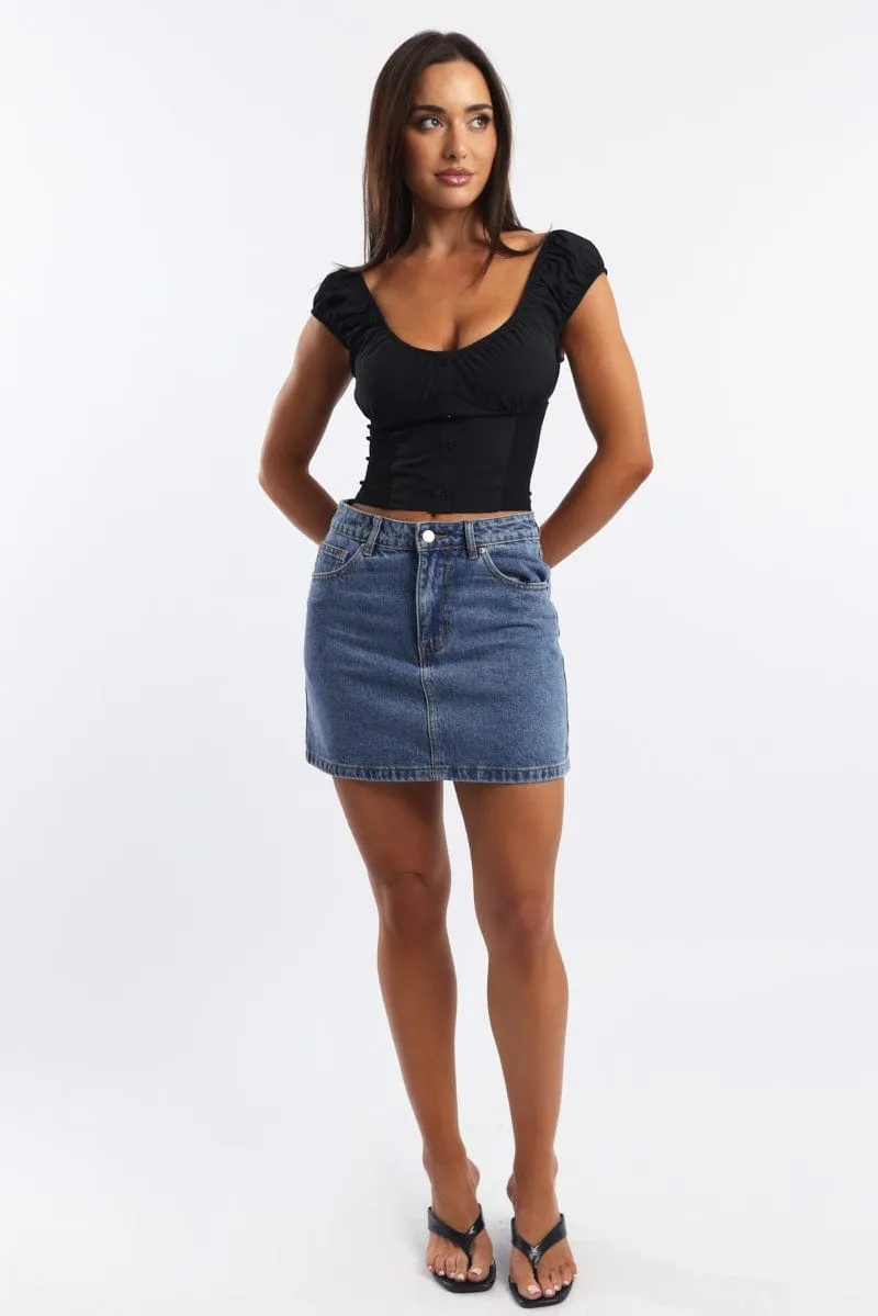 Denim Mini Skirt Mid Rise Relaxed Fit Flexible Comfort