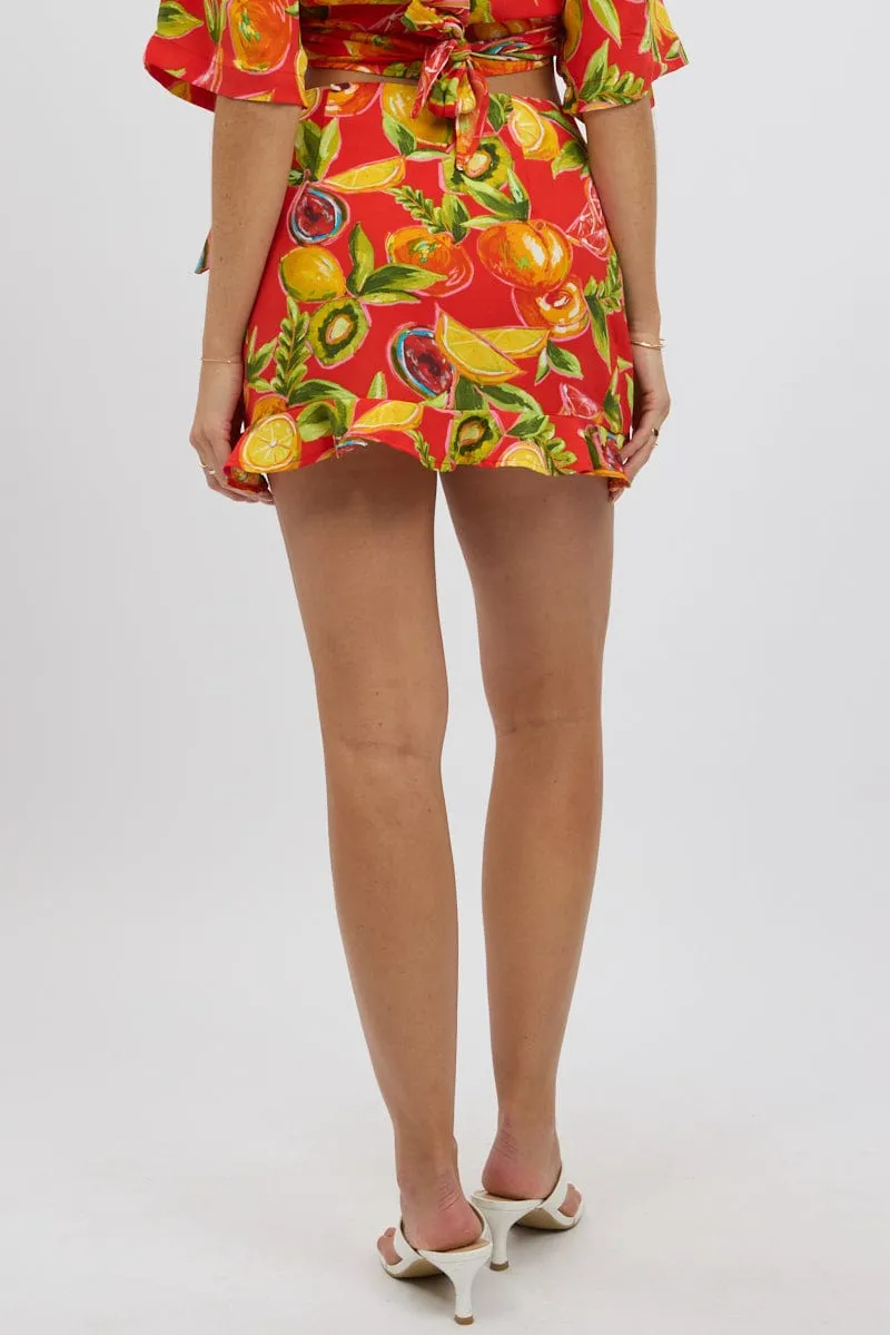 Animal Print Red Abstract Wrap Skirt High Waisted Mini Ruffle