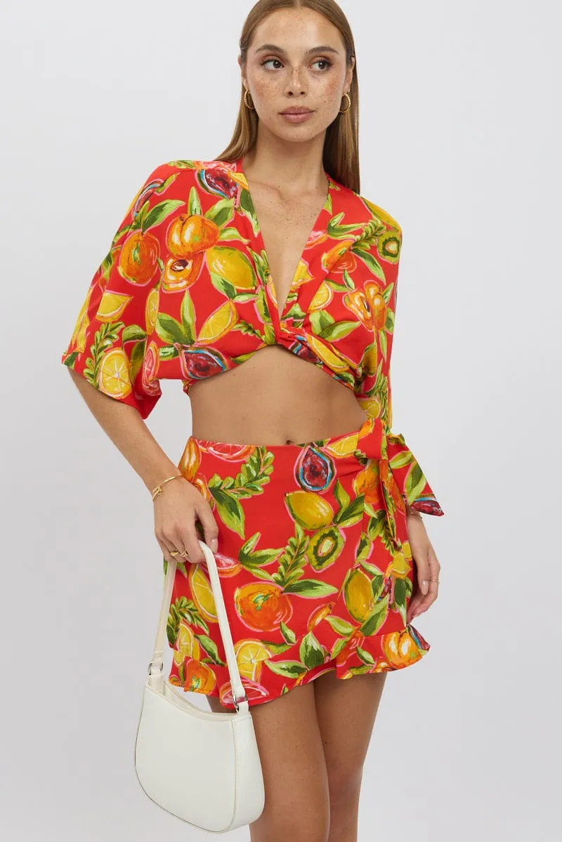 Warm Insulation Red Abstract Wrap Skirt High Waisted Mini Ruffle