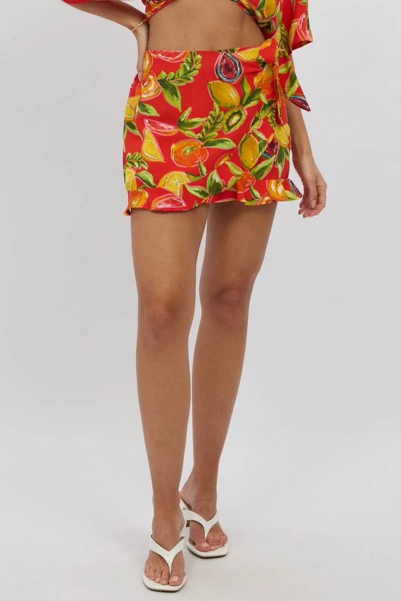 Red Abstract Wrap Skirt High Waisted Mini Ruffle Minimalist Layering Neutrals Only