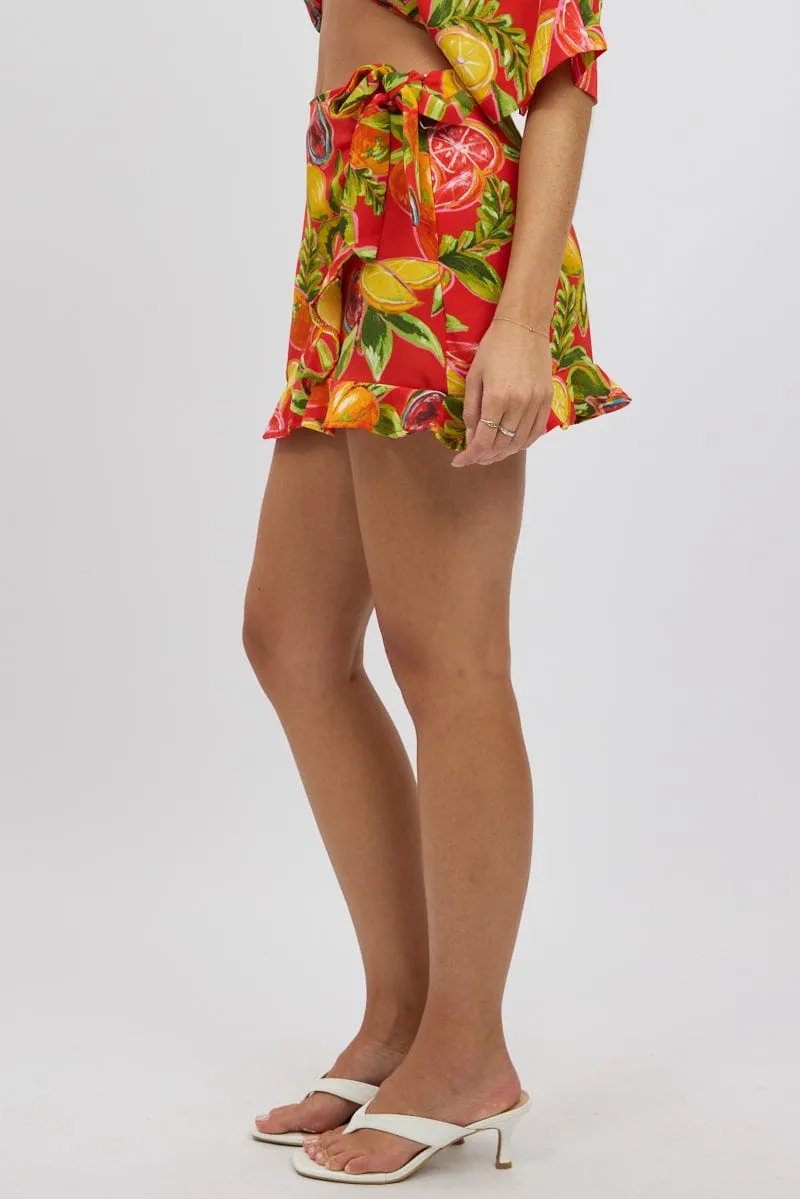 Red Abstract Wrap Skirt High Waisted Mini Ruffle Reinforced Hems Outdoor Outfit
