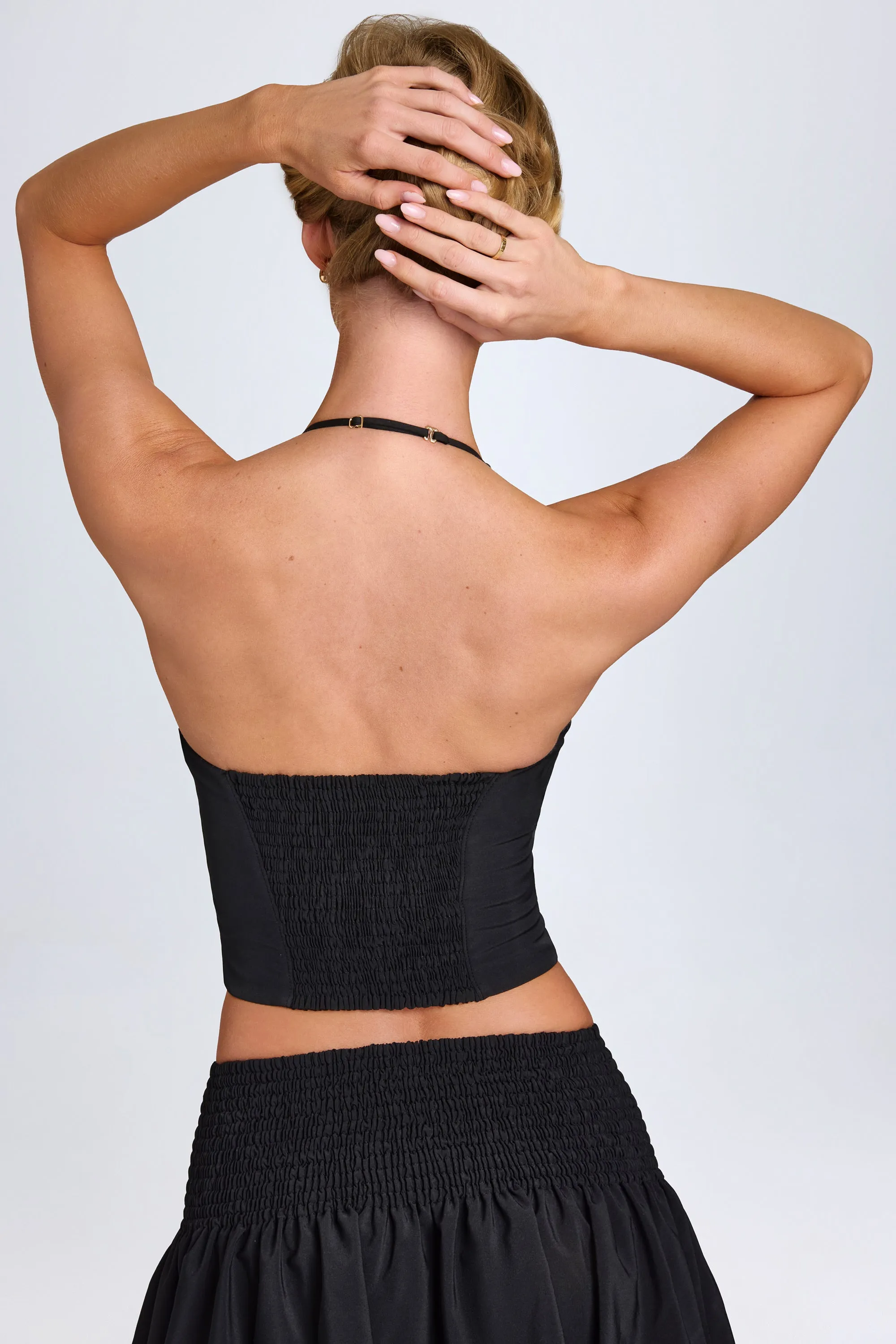 Hook-And-Eye Halterneck Corset Top in Black SnagResistant Weave