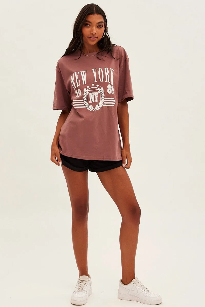 Brown T Shirt Short Sleeve Crew Neck New York Cotton Perfect for Layering