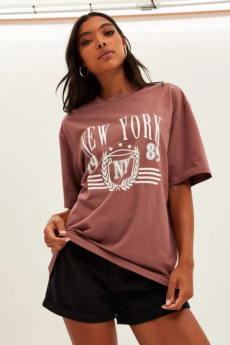 Brown T Shirt Short Sleeve Crew Neck New York Cotton perfect for all-day wear Casual Appeal