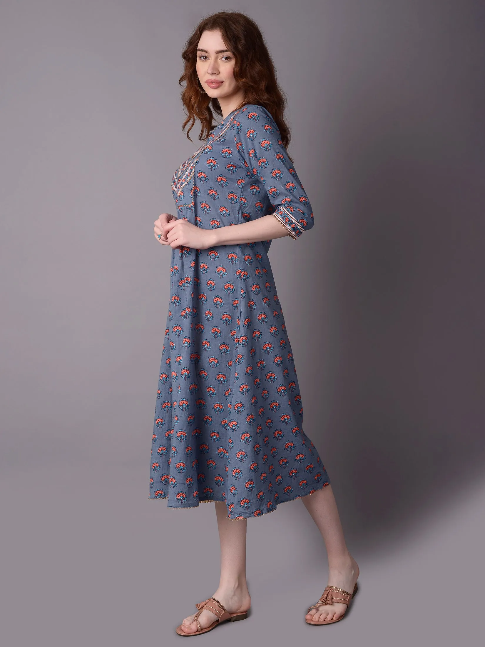 Women Grey Floral Print Dress WrinkleResistantFabric