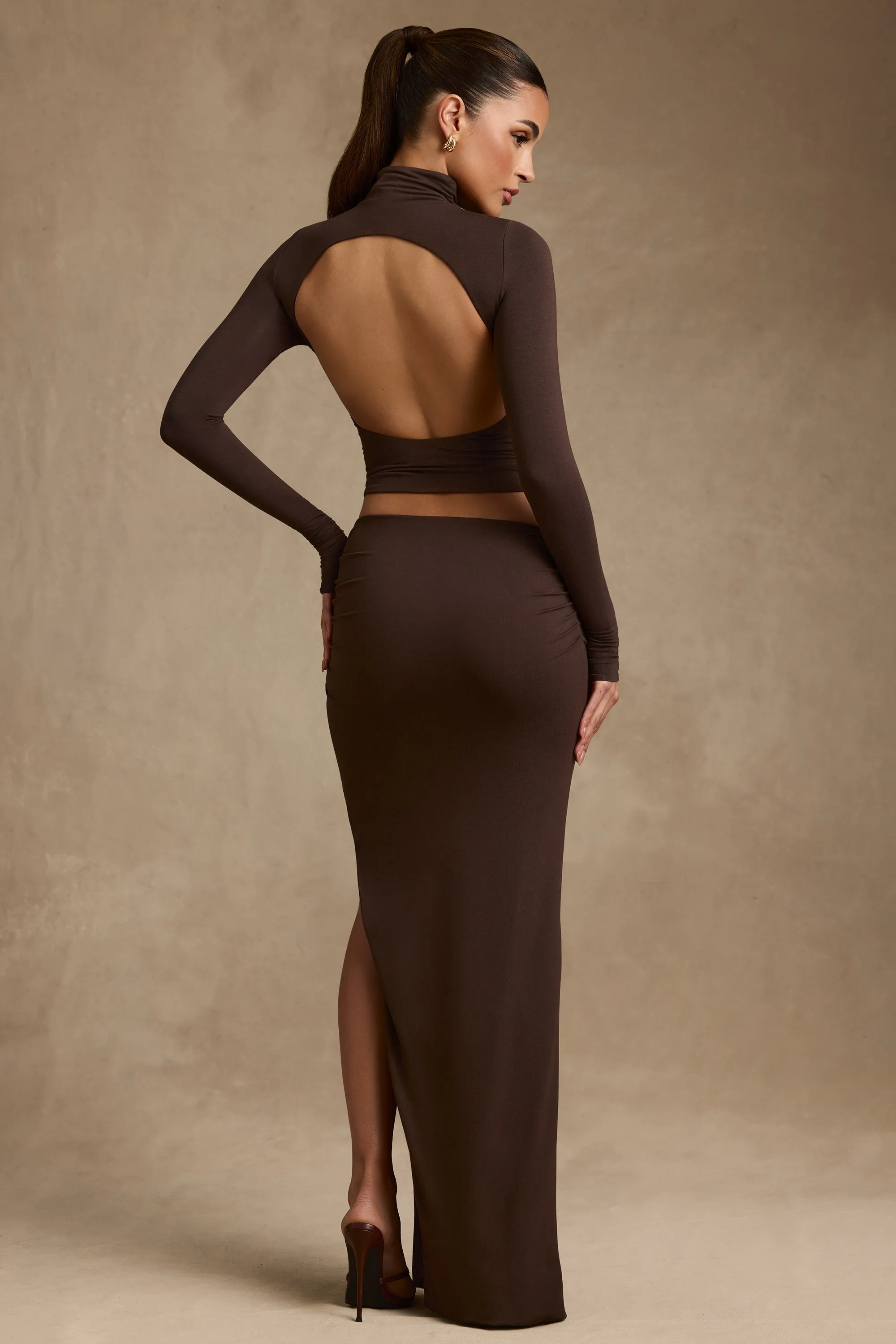 Modest Wear Push Button Closure Modal Asymmetric-Waist Maxi Skirt in Chocolate Brown