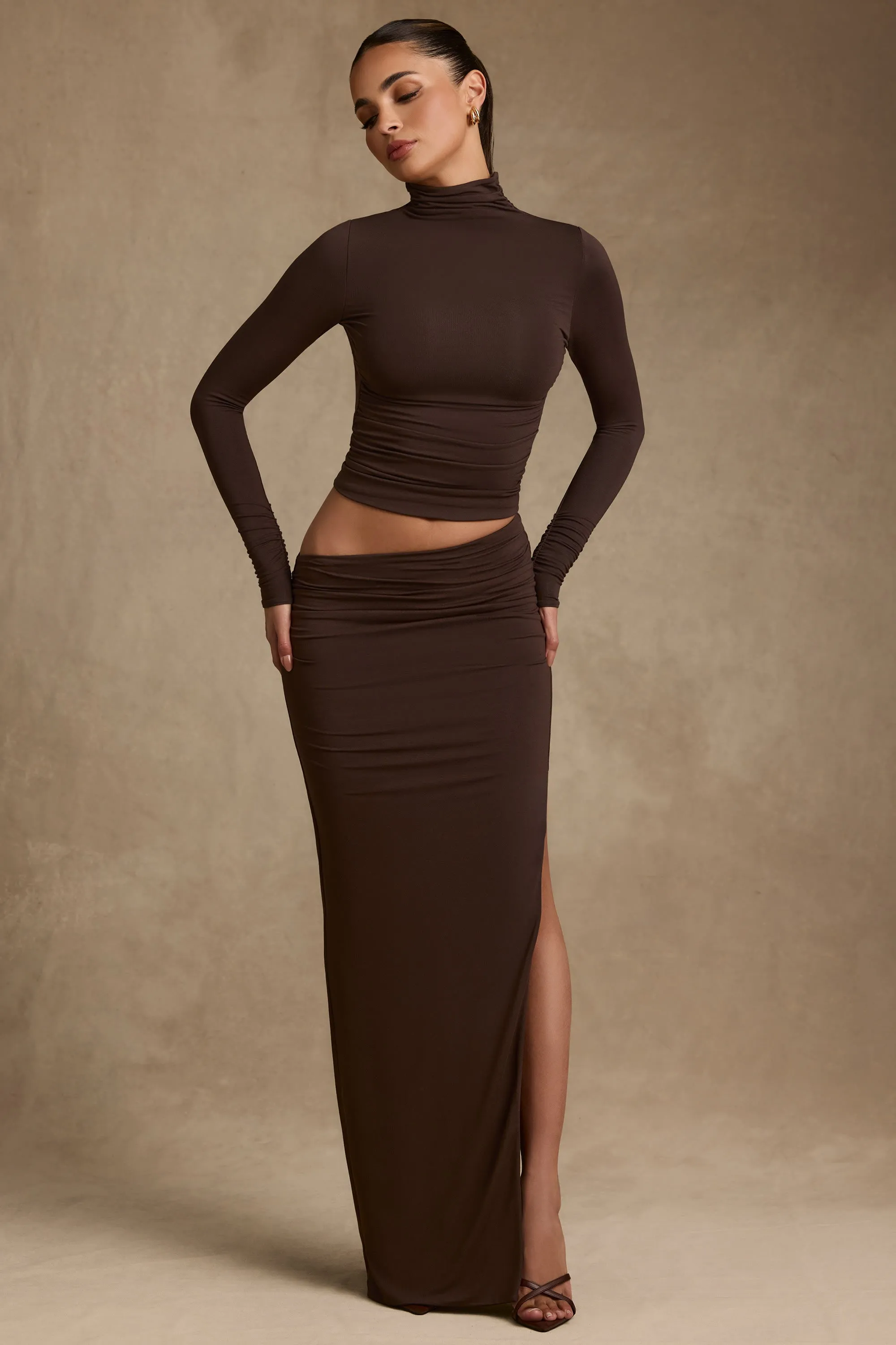 Anti Pilling Treatment Hand Painted Modal Asymmetric-Waist Maxi Skirt in Chocolate Brown
