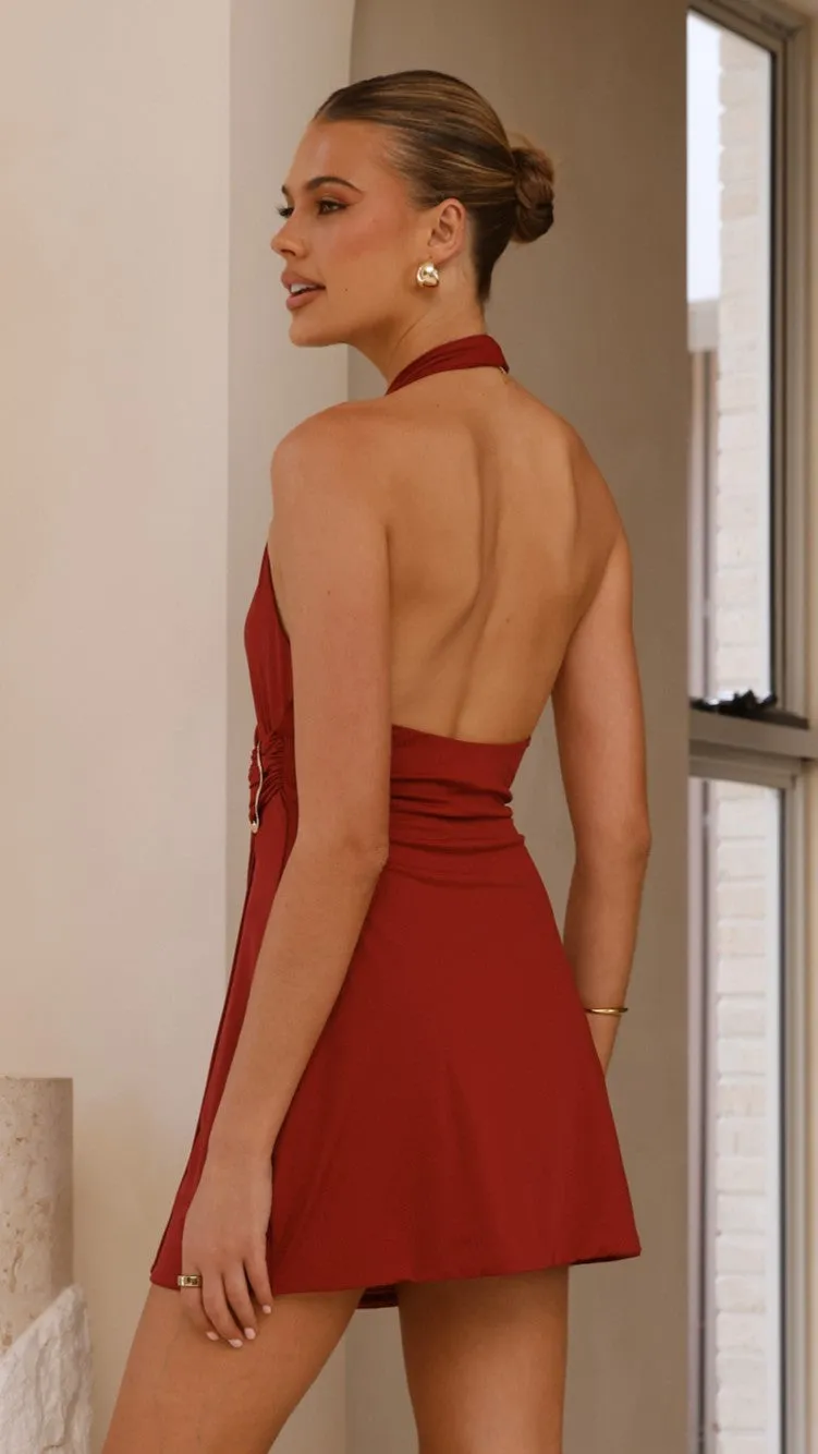 Wrinkle resistant fabric Brigitte Halter Mini Dress- Red