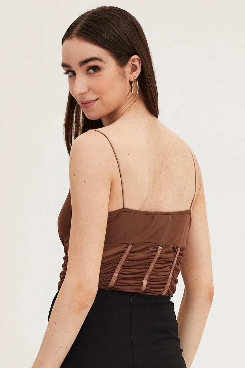 Brown Sleeveless Corset Look Waist Detail Mesh Bodysuit elastic waistband UV Protection
