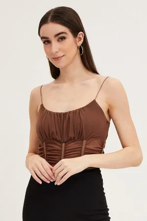Brown Sleeveless Corset Look Waist Detail Mesh Bodysuit HighDensity Weave DoubleLayeredEdging
