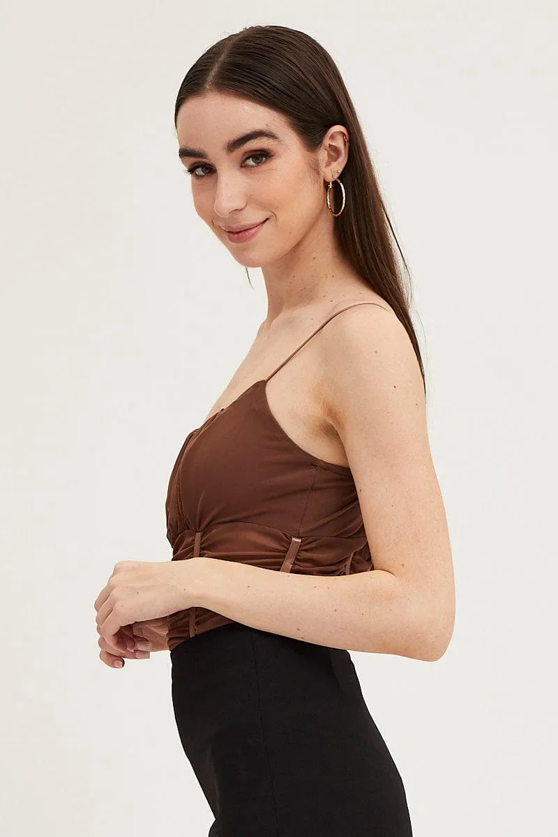 Sport Ease Brown Sleeveless Corset Look Waist Detail Mesh Bodysuit
