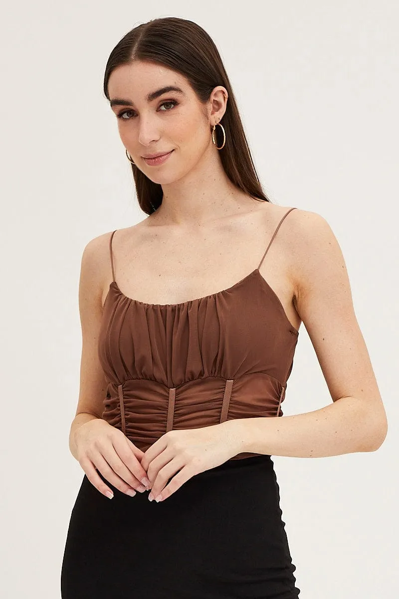 Brown Sleeveless Corset Look Waist Detail Mesh Bodysuit HighDensity Weave DoubleLayeredEdging