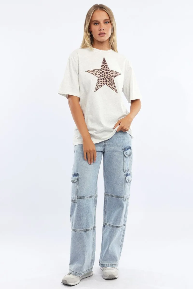 Light Casual Stretchable Fabric Grey Graphic Tee Short Sleeve
