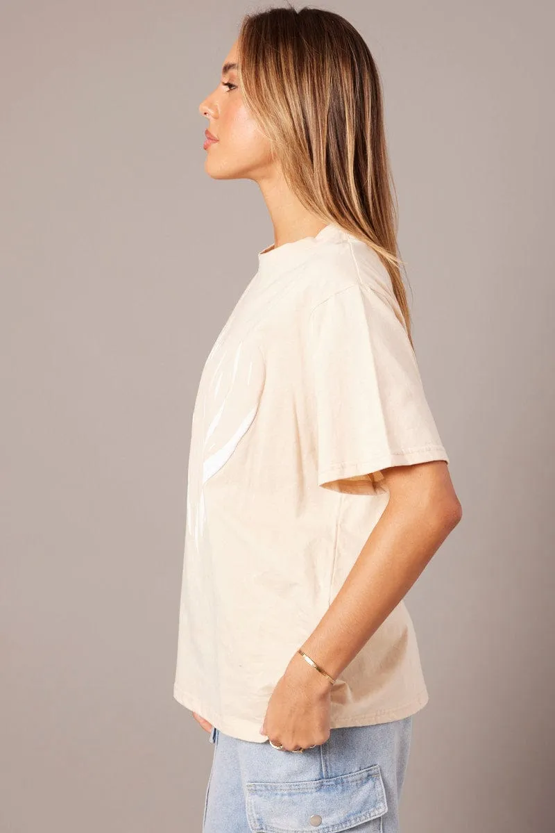 Beige Graphic Tee Short Sleeve Outdoor Outfit Style