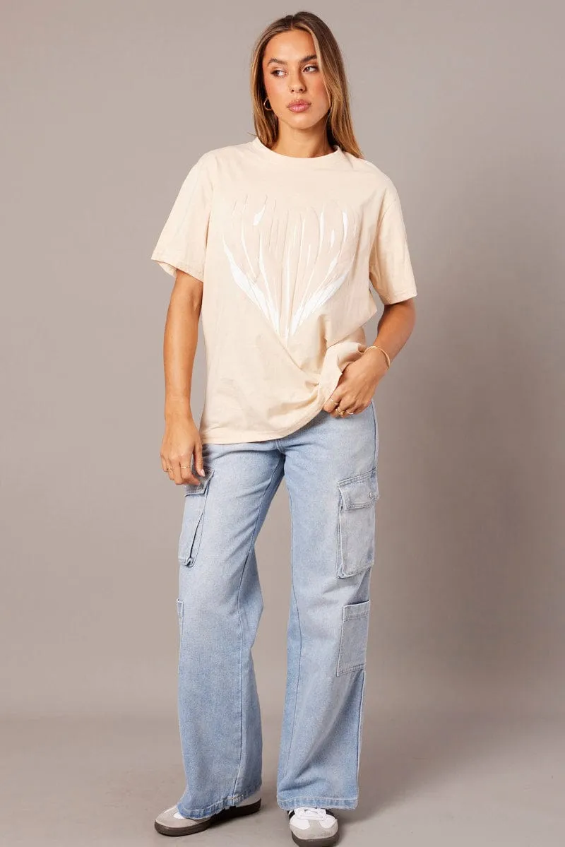 Casual Style Wear Adjustable Hem Beige Graphic Tee Short Sleeve