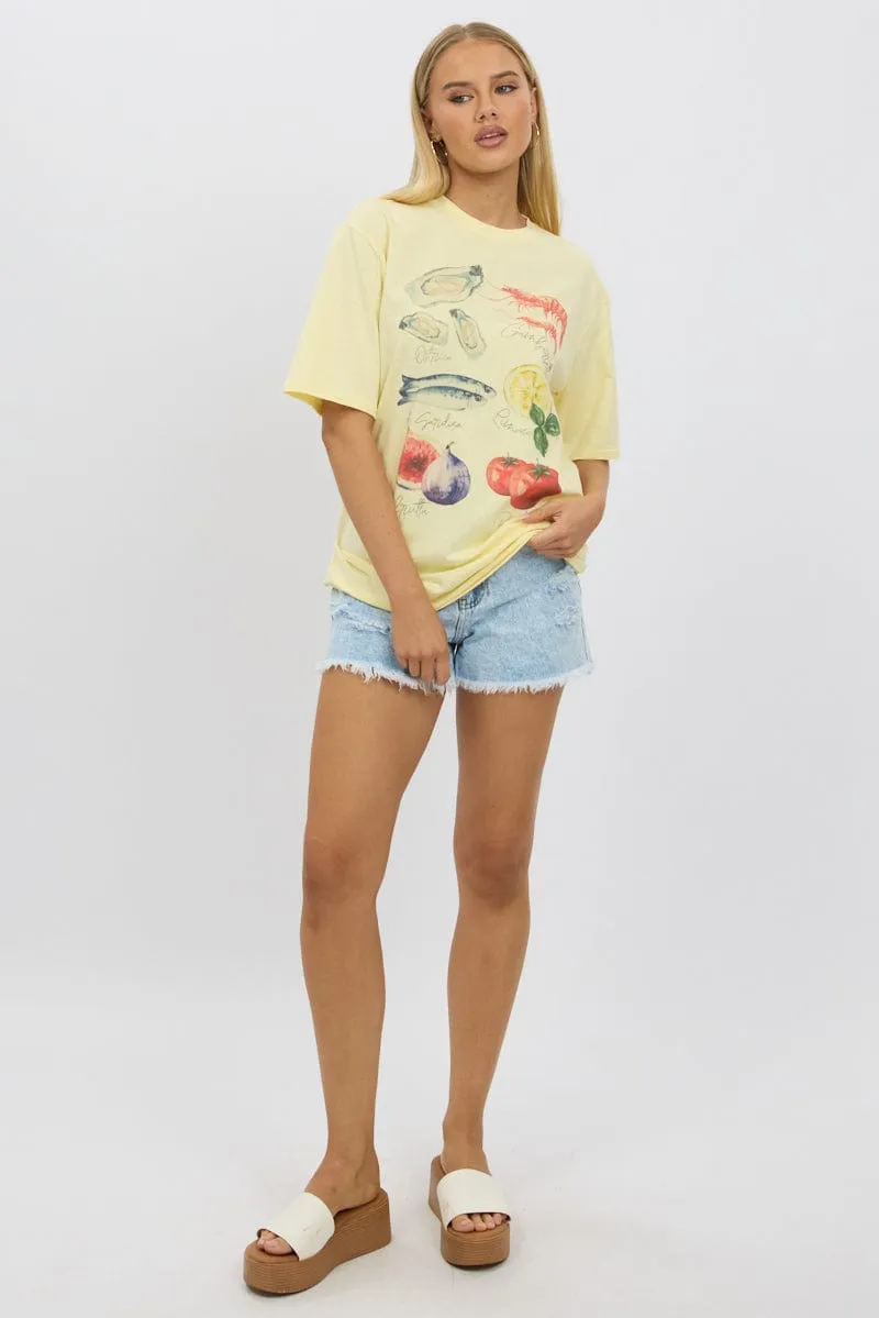 Yellow Graphic Tee Short Sleeve HighNeckStyle