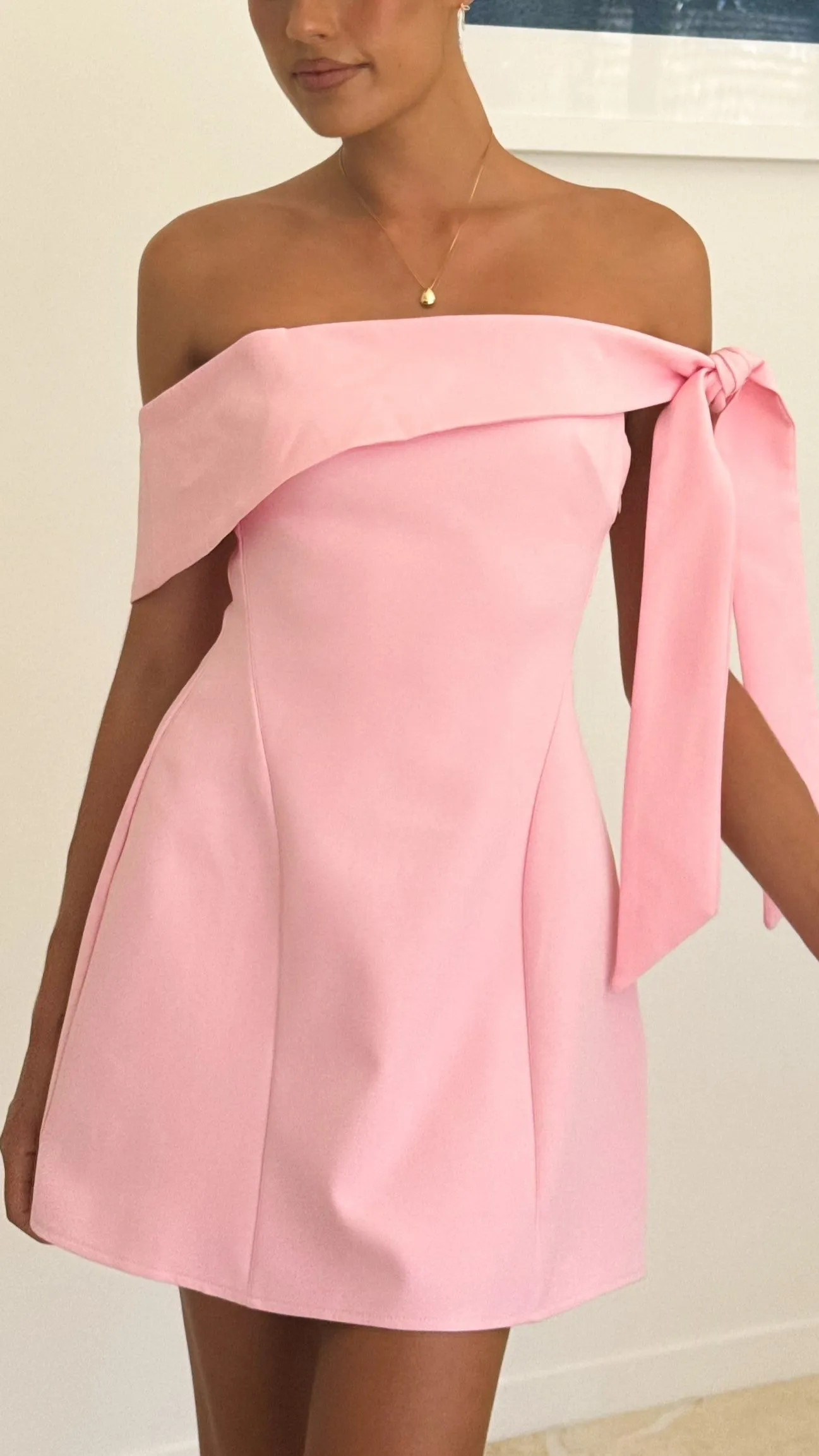 Halen Off Shoulder Mini Dress - Pink Charming Detail Urban Fresh